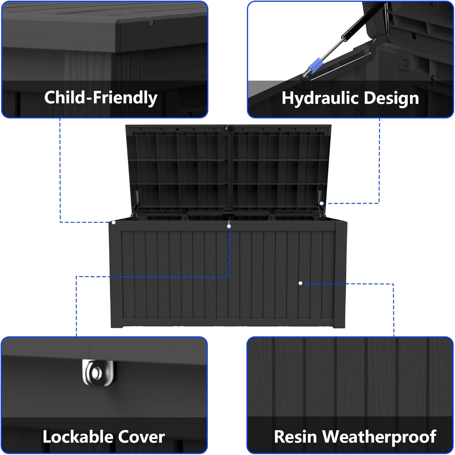 200 Gallon Outdoor Storage Box Resin Deck Box All Weather Waterproof Large Lockable Storage Container Deck Box for Patio Furniture, Garden Tools, Lockable, Black