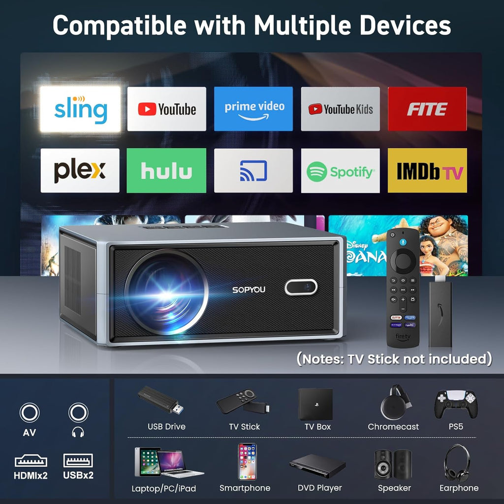 Short Throw/2500 ANSI/E-Focus SOPYOU 4K Decoding Projector with WiFi and Bluetooth, Outdoor Movie Projectors, Max 450" Display Home Theater, Portable Smart Proyector for iOS/Android/TV Stick/PS5