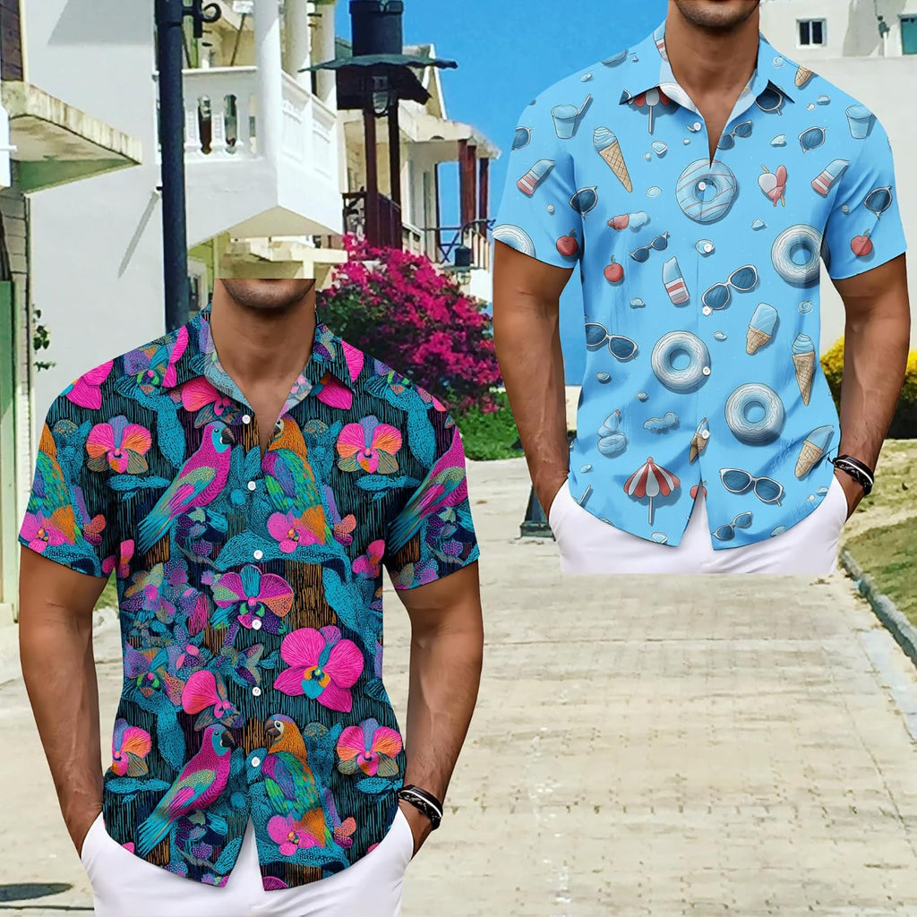 Mens Summer Shirts V Neck Beach Vacation Tops Short Sleeve Hawaiian Print Shirt for Men Funny Graphic Casual Hawaii Graphic