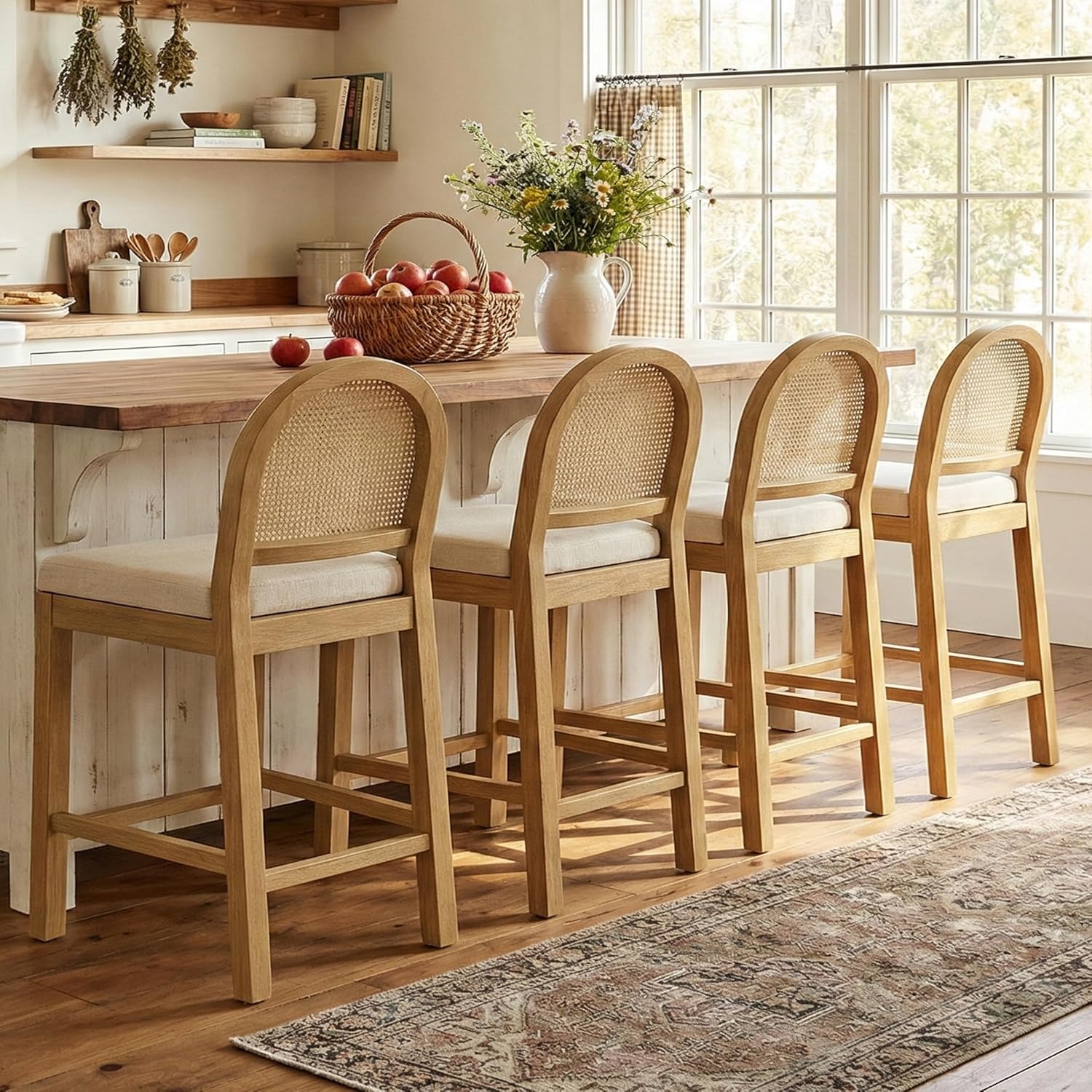 STHOUYN Upholstered Rattan Bar Stools Set of 4, Wooden Counter Height Stools with Natural Rattan Woven Back and Chenille Seat, Mid-Century Modern Island Chairs Barstools for Kitchen (4, Cream White)