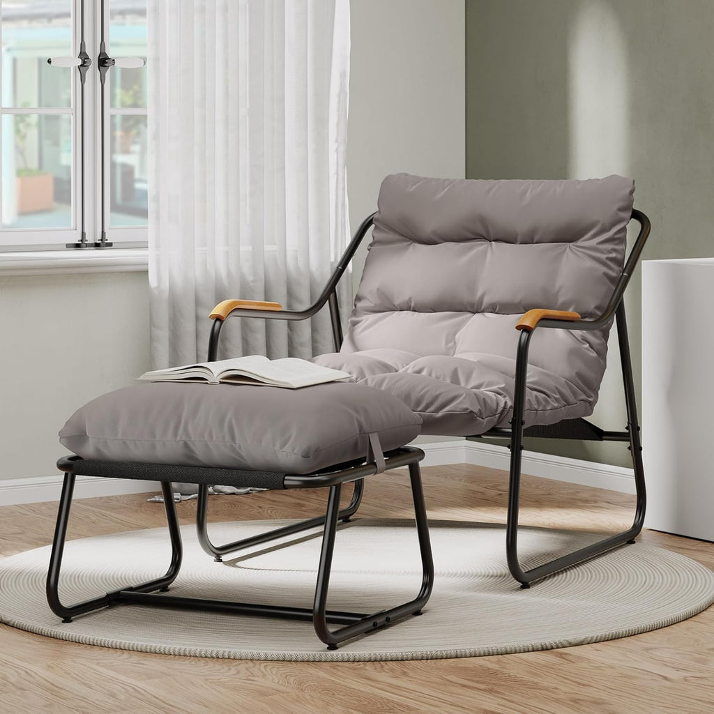 YITAHOME Patio Lounge Chair with Ottoman, Oversized Papasan Chair with Soft Cushion, Indoor/Outdoor Textilene Lounge with Teak Wood Handrail and Footstool for Living Room, Porch, Backyard or Garden