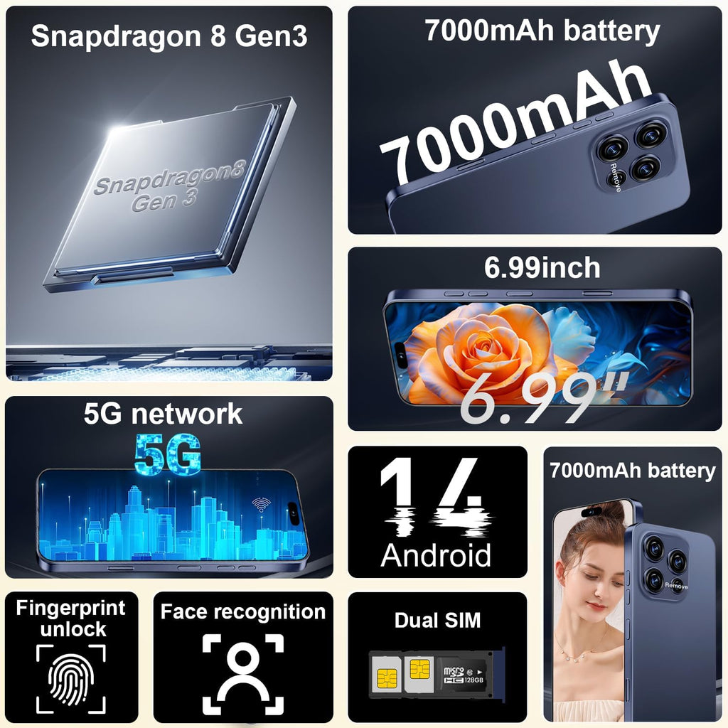 16PM 5G Unlocked Smartphone,12GB+512GB 7000mAh Fully Cell Phone for Android 14, 6.99" HD Screen Unlocked Cell Phone, 68MP+108MP Dual Camera/Dual SIM/Fingerprint (Deep Blue)
