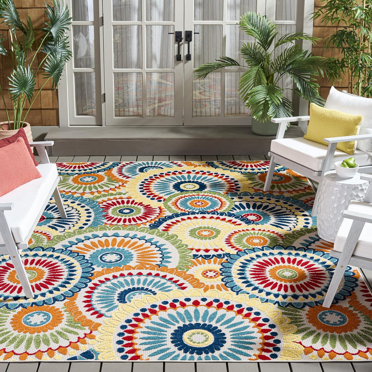 SAFAVIEH Washable Rug Outdoor Cabana Collection - 9' x 12', Blue & Ivory, Non-Shedding & Easy to Clean, Ideal for Patio, Backyard, Mudroom (CBN382M)