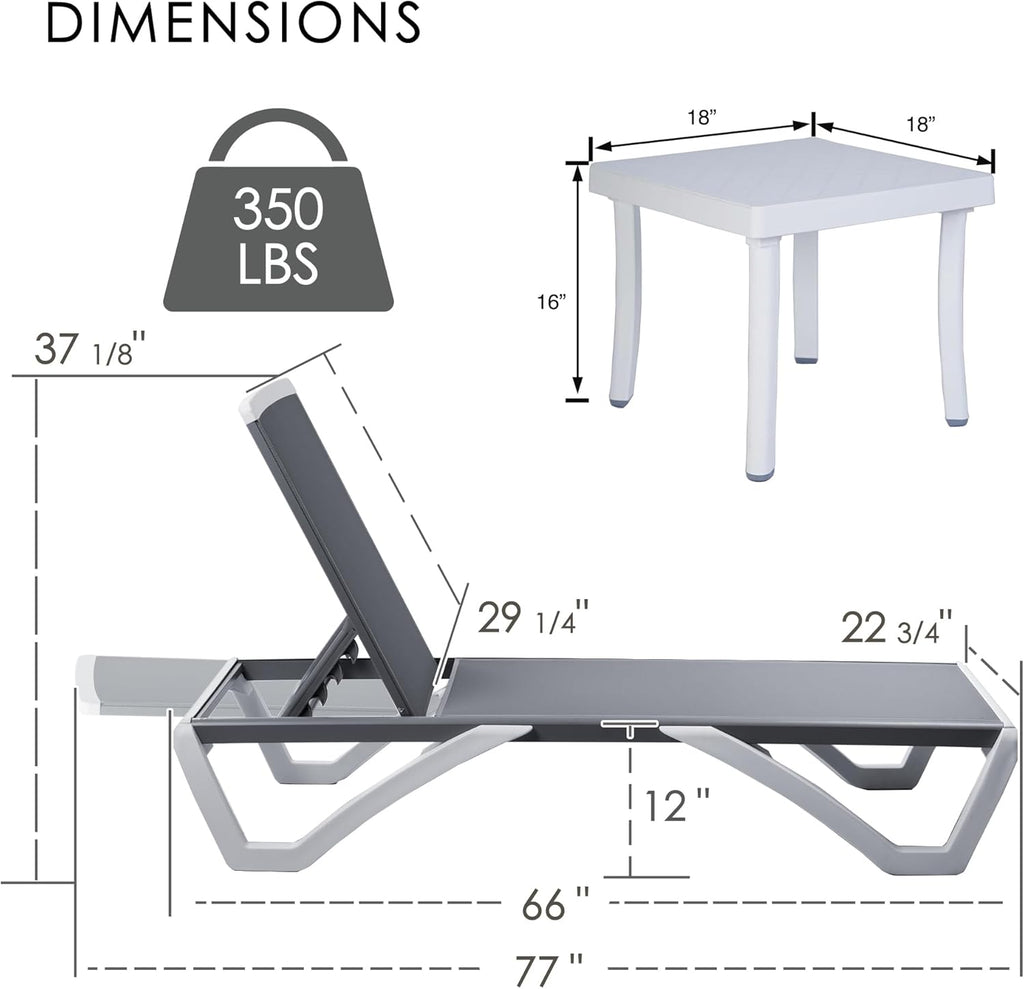 Kozyard 3-Piece Outdoor Chaise Lounge Chair Set, Fully Flat Adjustable Patio Lounger with Aluminum Frame & Resin Legs, Textilene Fabric for Poolside, Backyard & Beach (Gray, 2 Chairs + Table)
