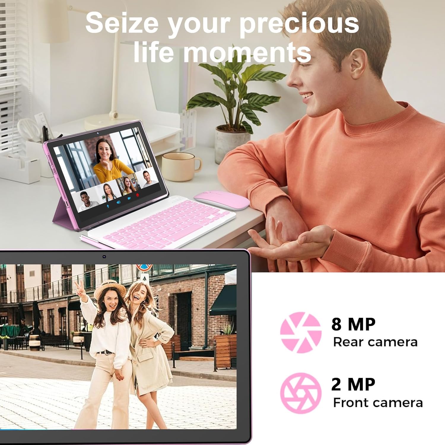 Android 16 Tablet 10 Inch, 12(3+9) GB RAM+64GB ROM, 2 in 1 Tablets with Keyboard Case Mouse Stylus, 2.0GHz Five-core Processor, 1280 * 800 IPS HD Screen, 5G WiFi6 BT 5.3 Tableta PC(Pink)