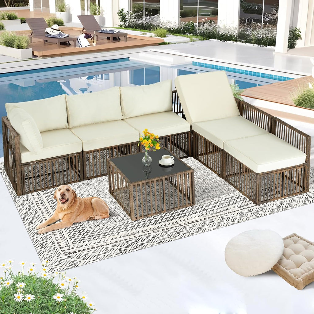 FHFO 7 Pieces Outdoor Patio Furniture Set, Wicker Outdoor Sectional Conversation Couch Set with Adjustable Backrest Sofa, Thick Cushion & Coffee Table for Garden, Porch, Poolside, Brown/Beige