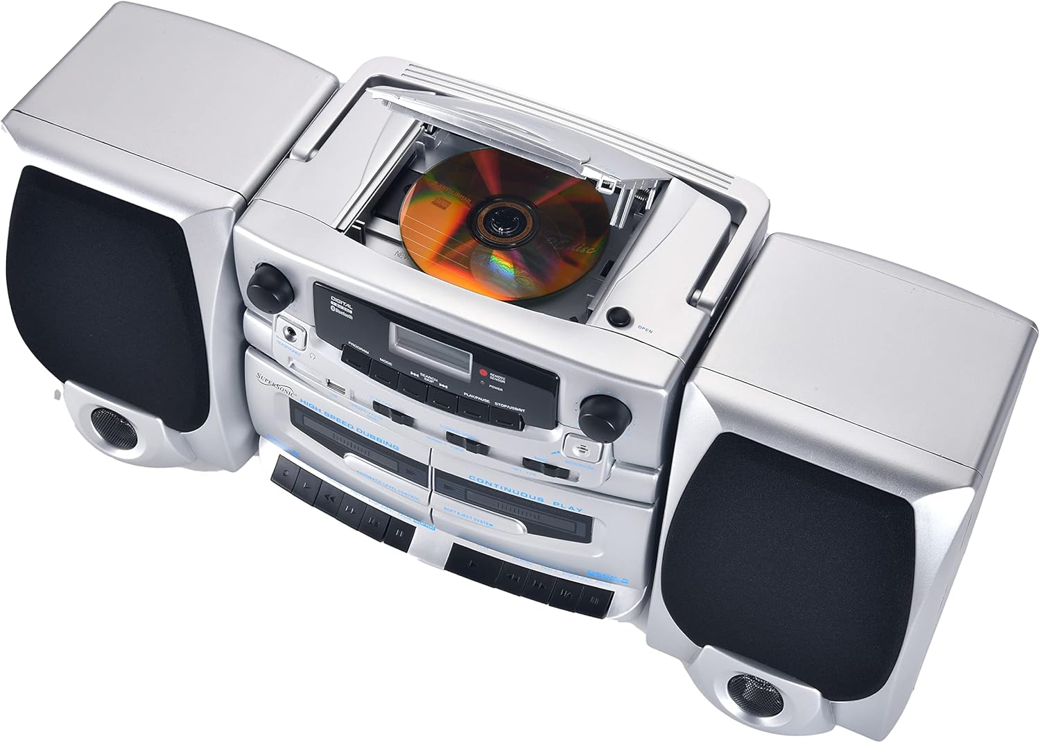 Supersonic SC-2121BT Bluetooth Entertainment Audio System, Bluetooth 5.0, op Loading MP3/CD Player, AM/FM Radio, USB Input, Double Cassette Recorder, High-Performance Detachable Speakers, AC/DC
