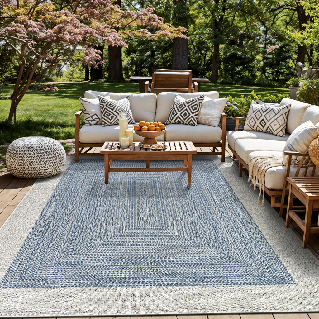 Rugshop Blue Braided Geometric Reversible Weather Resistant Indoor/Outdoor Area Rug, for Patio, Balcony and Living Room, 5' x 7'