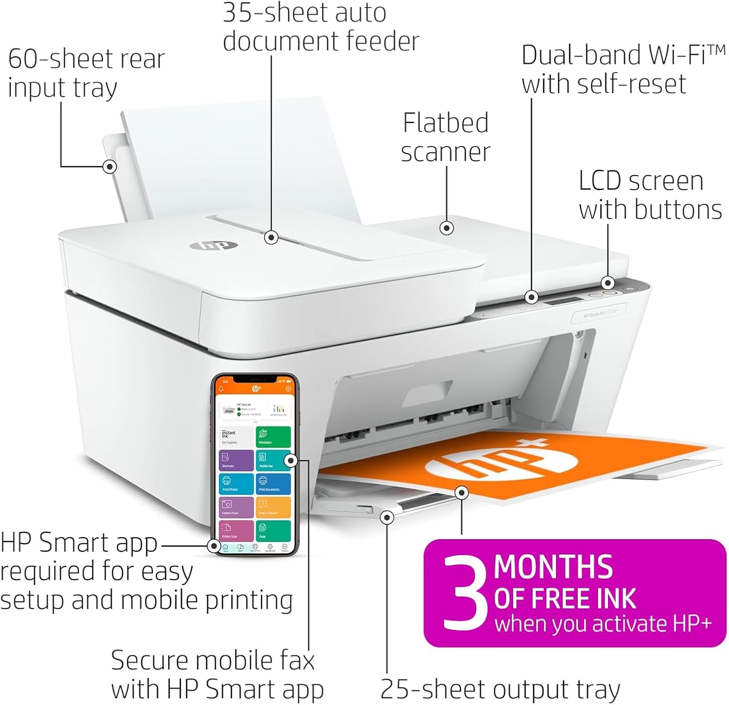 HP DeskJet 4155e Wireless Color Inkjet Printer, Print, scan, copy, Easy setup, Mobile printing, Best-for home, 3 month Instant Ink trial included, white