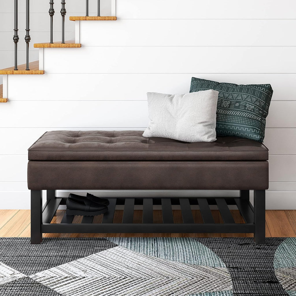 SIMPLIHOME Cosmopolitan Storage Ottoman Bench - 44 inch Wide Upholstered Vegan Leather Rectangle Storage Ottoman in Distressed Brown, Transitional Bench for Bedroom with Tufted Lift-Top and Open Shelf