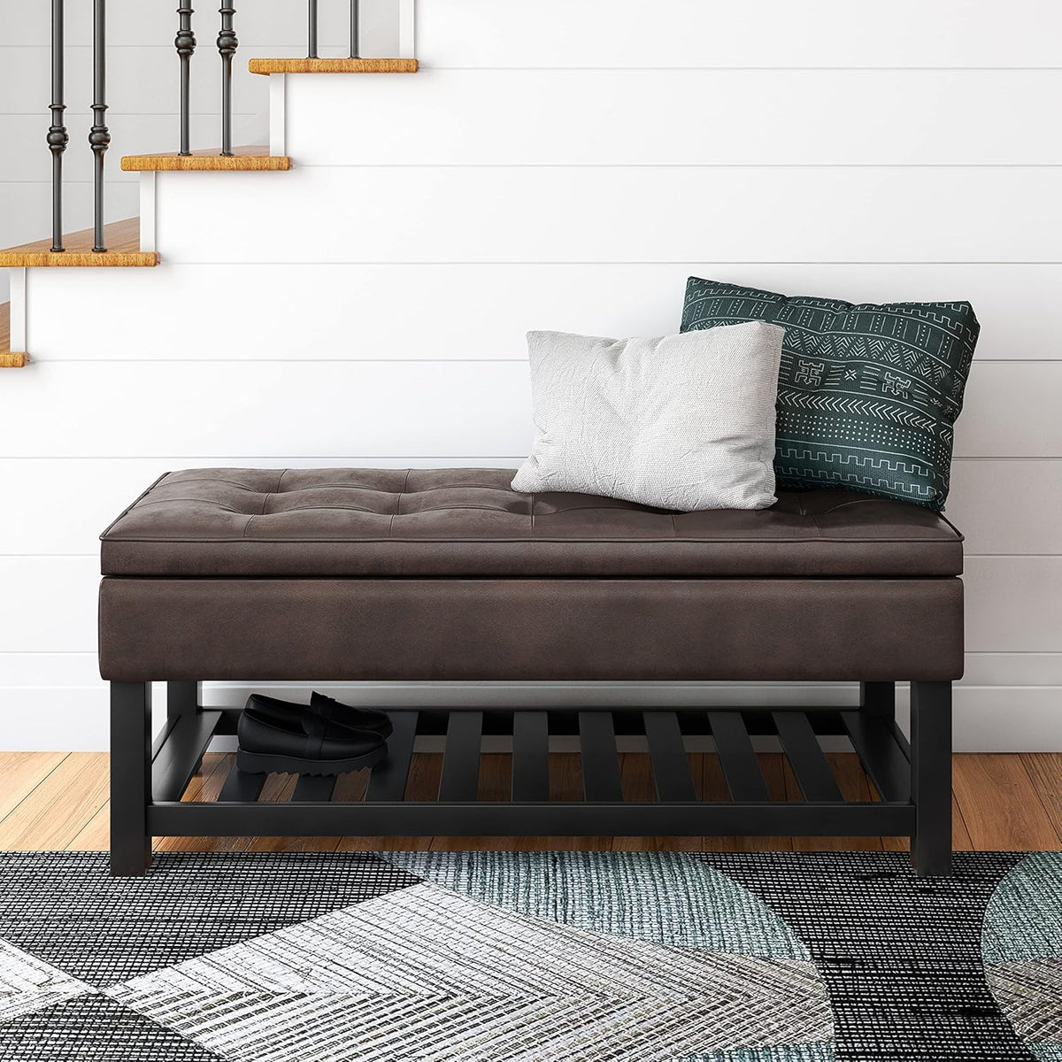 SIMPLIHOME Cosmopolitan Storage Ottoman Bench - 44 inch Wide Upholstered Vegan Leather Rectangle Storage Ottoman in Distressed Brown, Transitional Bench for Bedroom with Tufted Lift-Top and Open Shelf