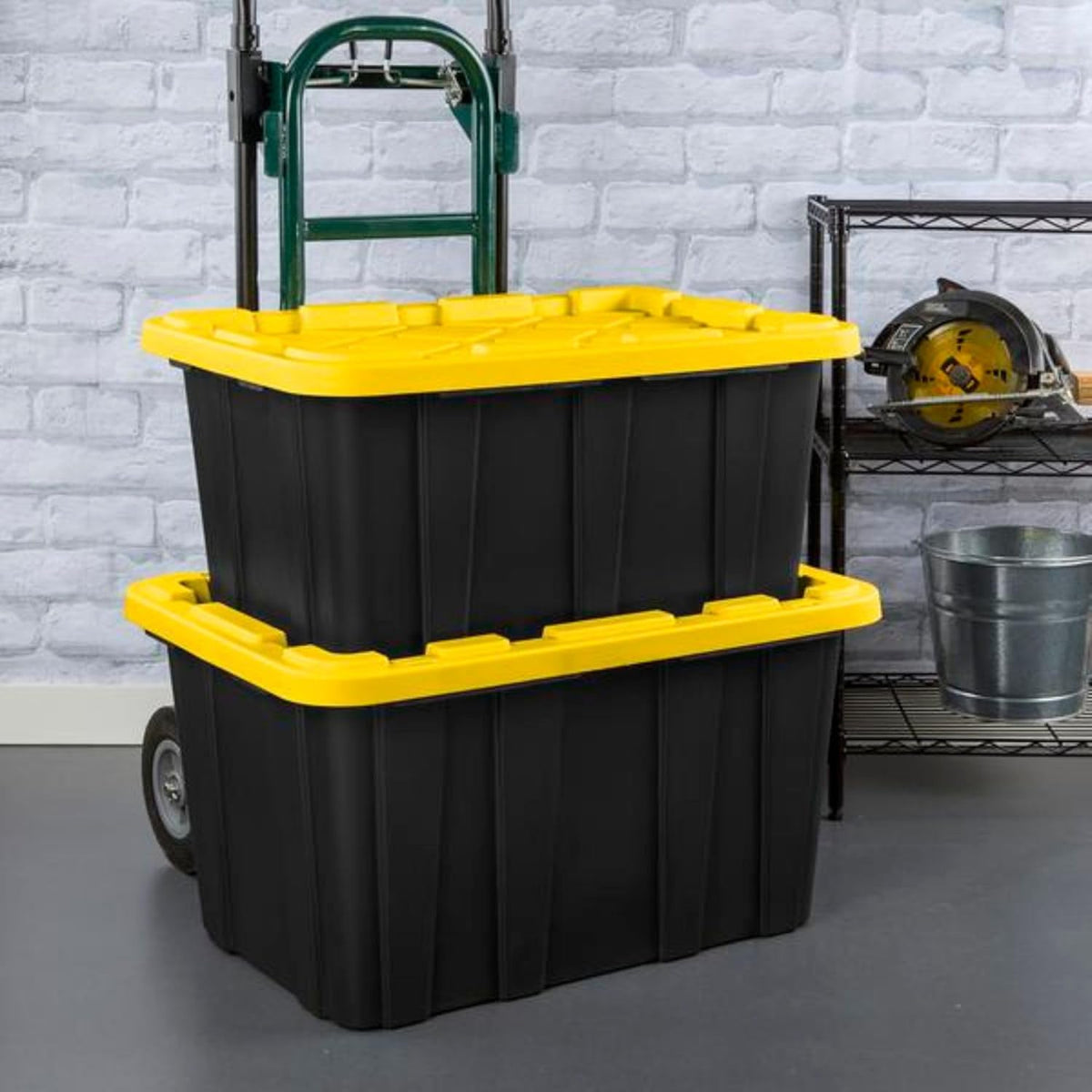 Sterilite 8-Pack 27 Gallon Industrial Storage Tote, Heavy-Duty Plastic Bins, Black/Yellow - Stackable Utility Organizers with Lids for Garage, Camping Tools, and Outdoor Gear