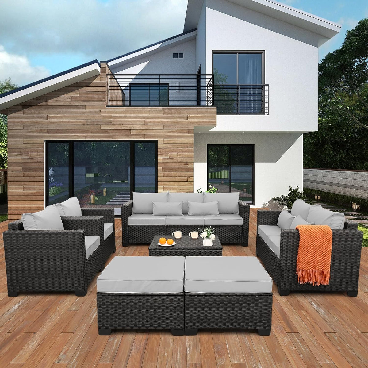 Rattaner Patio Furniture Sets 7 Pieces Outdoor Furniture Sectional Patio Couches Set with Storage Table Light Grey Cushions