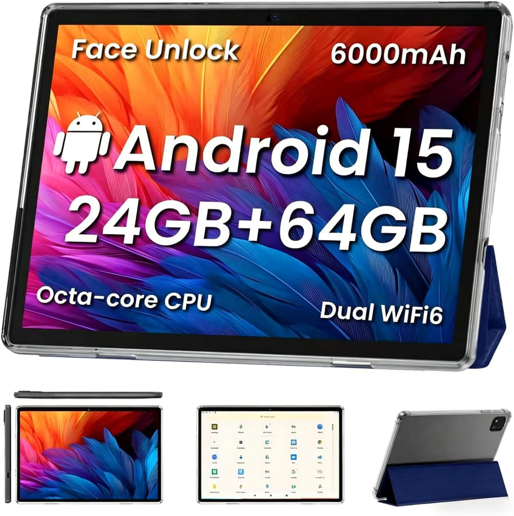 TUOHAITIME Android 15 Tablet,10 inch Tablets, Octa Core CPU, 24GB+64GB+512GB Expansion, 1280x800 Display Screen, Wi-Fi6, Dual Cameras, 6000mAh Battery,Support Widevine L1 Google Kids Space, Blue