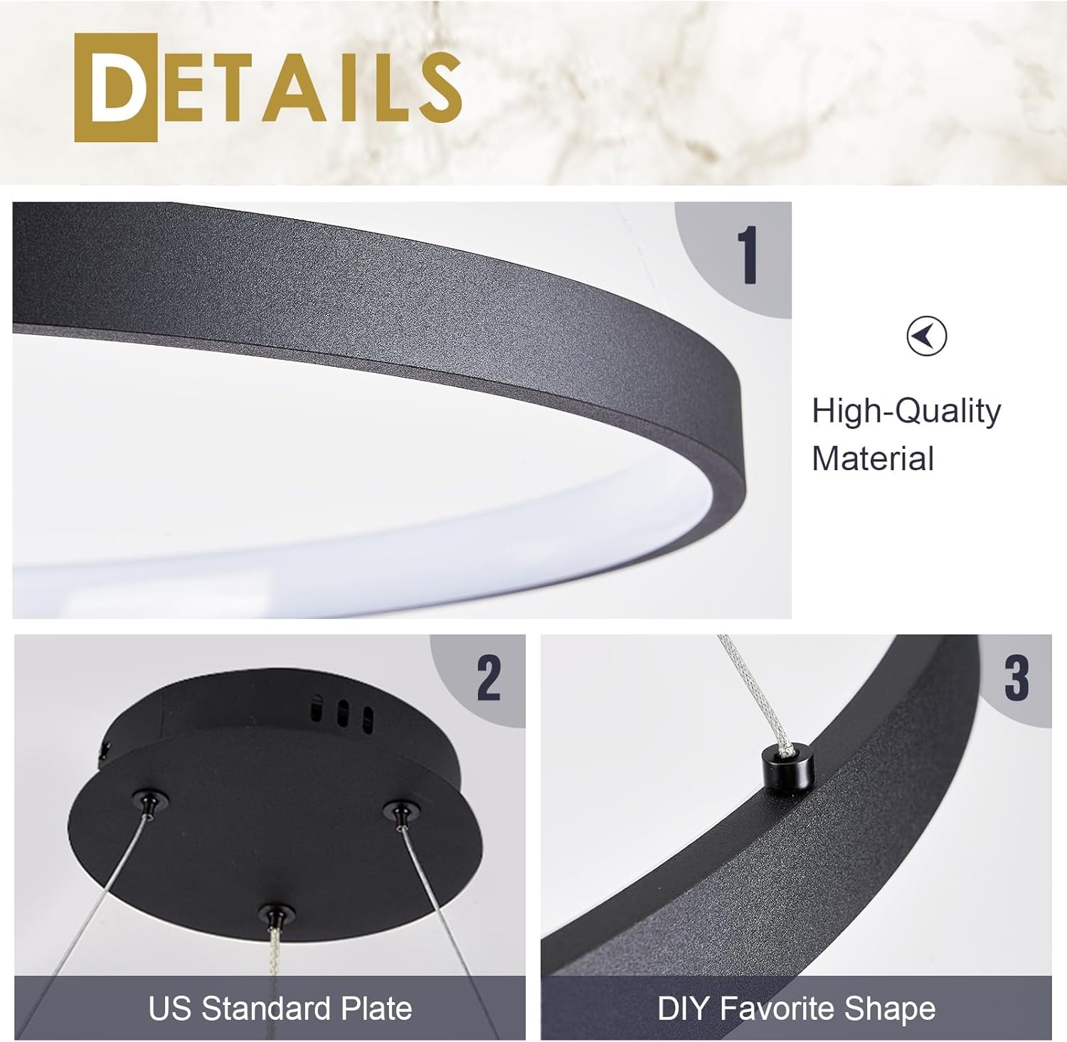 Modern LED Pendant Light Black Ring Chandelier 24" Dimmable Flush Mount Pendant Chandelier for Dinning Room Office Kitchen Living Room,3000-6500K