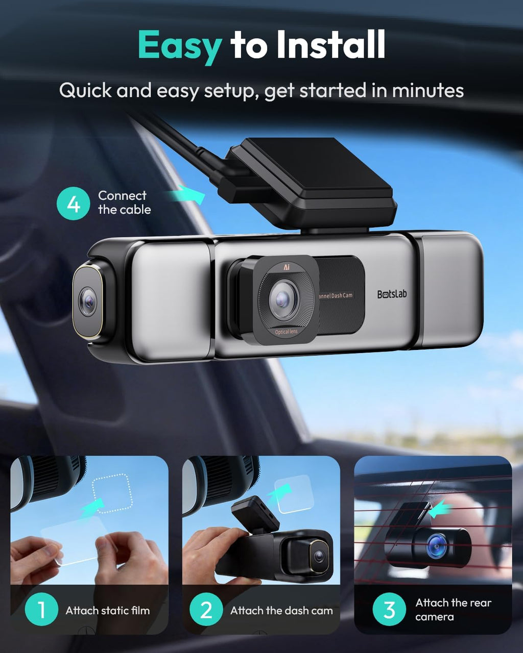 BOTSLAB 3K 4 Channel Dash Cam, 360° All-Sides View, Front and Rear Inside Car Camera with 3.18”Touch Screen, Dash Camera 24/7 Parking Mode, Built-in GPS 5.8GHz WiFi Voice Control, Free 128GB Card