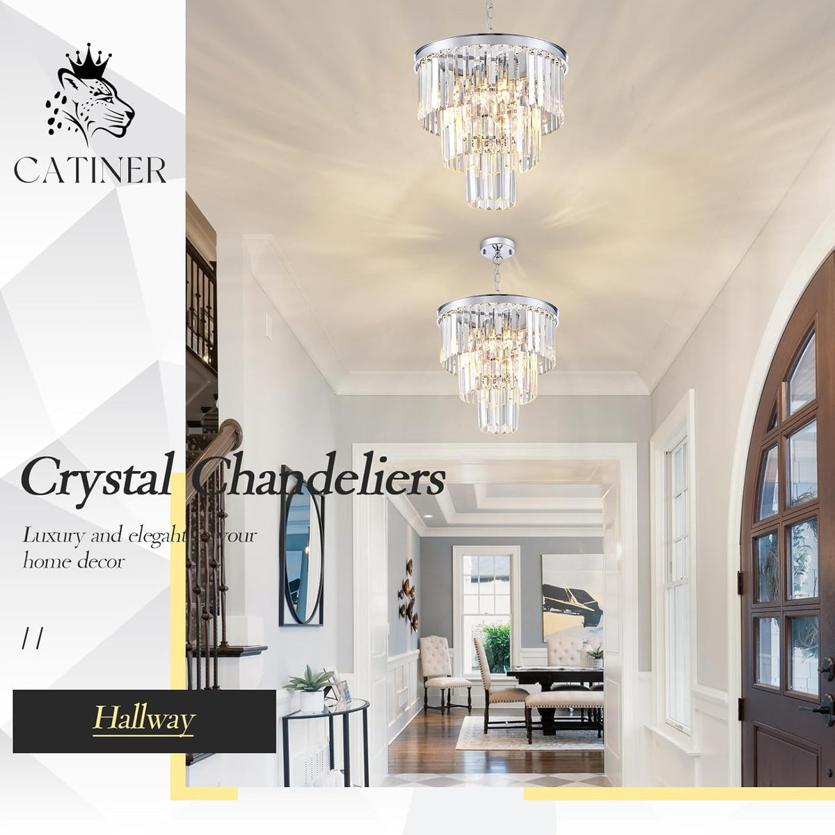 CATINER Modern Chrome Crystal Chandeliers 16" Small Pendant Light Luxury 3 Tiers 6-Light K9 Crystal Ceiling Pendant Round Light Fixture for Dining Room Entryway Kitchen Bedroom Closet