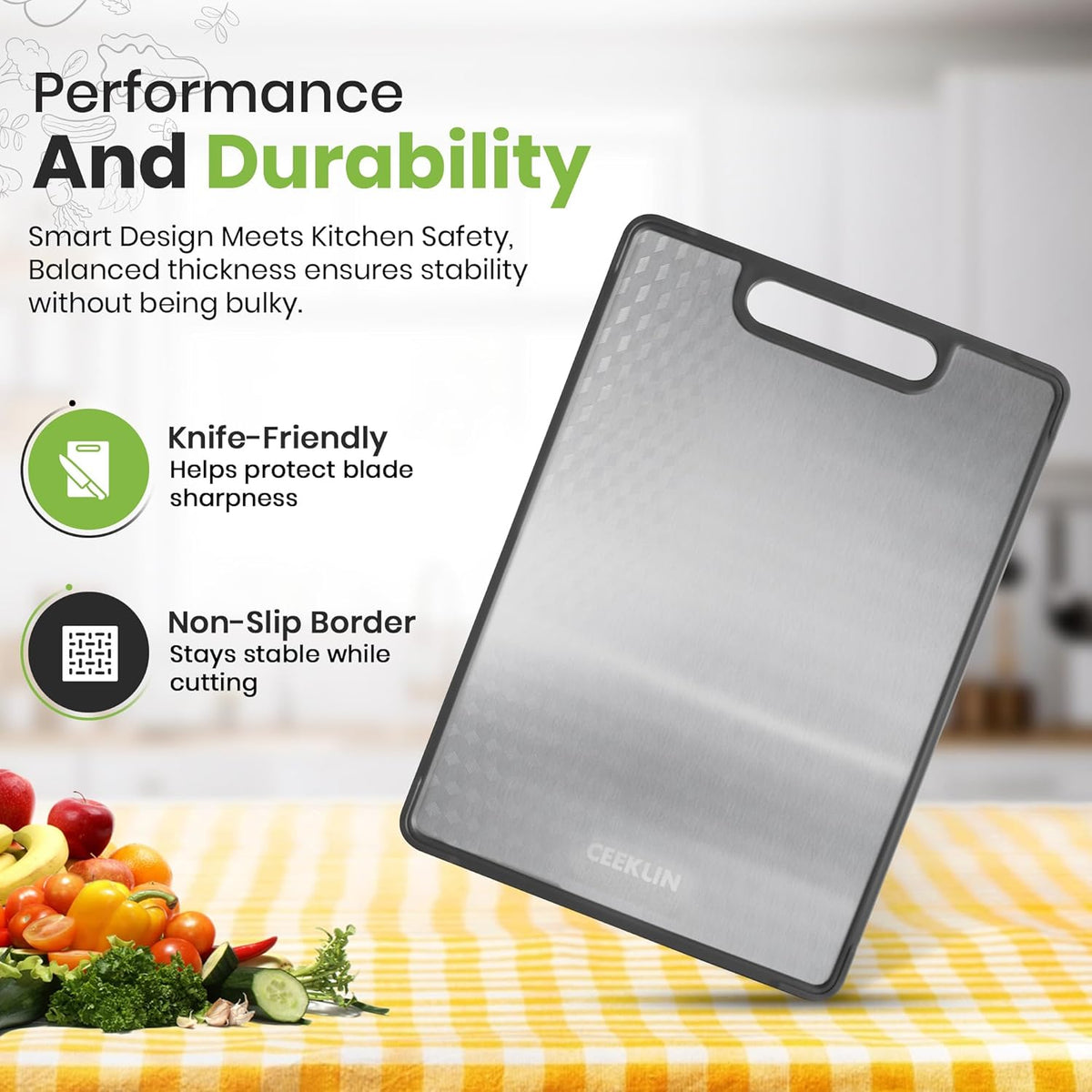 Double Sided Cutting Board – Stainless Steel & Wheat Fiber Reversible Chopping Board, Non-Porous Metal Side & Lightweight Prep Board for Meat, Vegetables & Daily Kitchen Use
