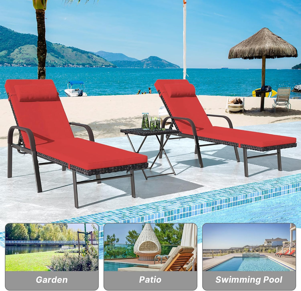 Gotland Patio Chaise Lounge Sets Outdoor Armchair Recliner Rattan Adjustable Back 3 Pieces Cushioned Patio Folding Chaise Lounge with Folding Table