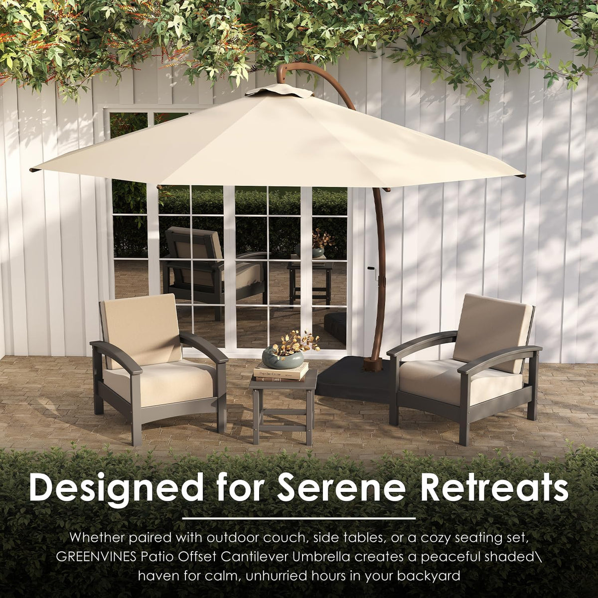 GREENVINES 11-FT-Patio-Offset-Cantilever-Umbrella | Outdoor Large Umbrellas with Base | Aluminum Ribs | Heavy Duty | Curvy | 360°Rotation | for Pool Garden Backyard Deck Lawn | Tan