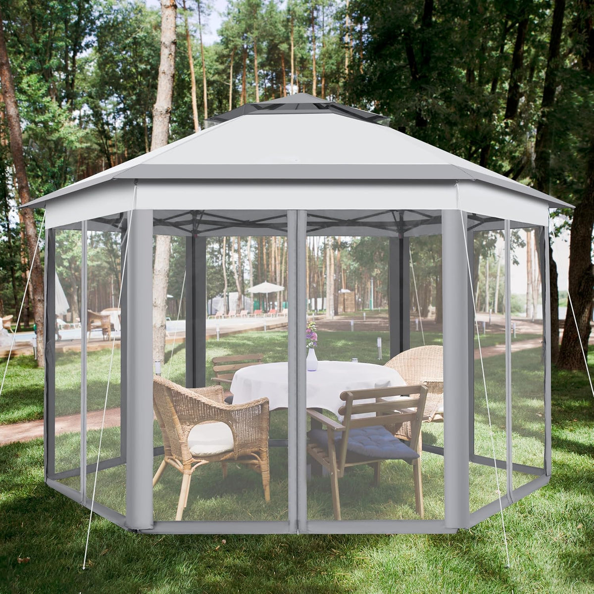 Yaheetech 13x13 Pop up Gazebo, Hexagonal Outdoor Canopy Shelter, Instant Patio Gazebo Sun Shade Canopy Tent with Double Tiers & Mesh Netting for Lawn, Garden, Backyard & Deck, Gray