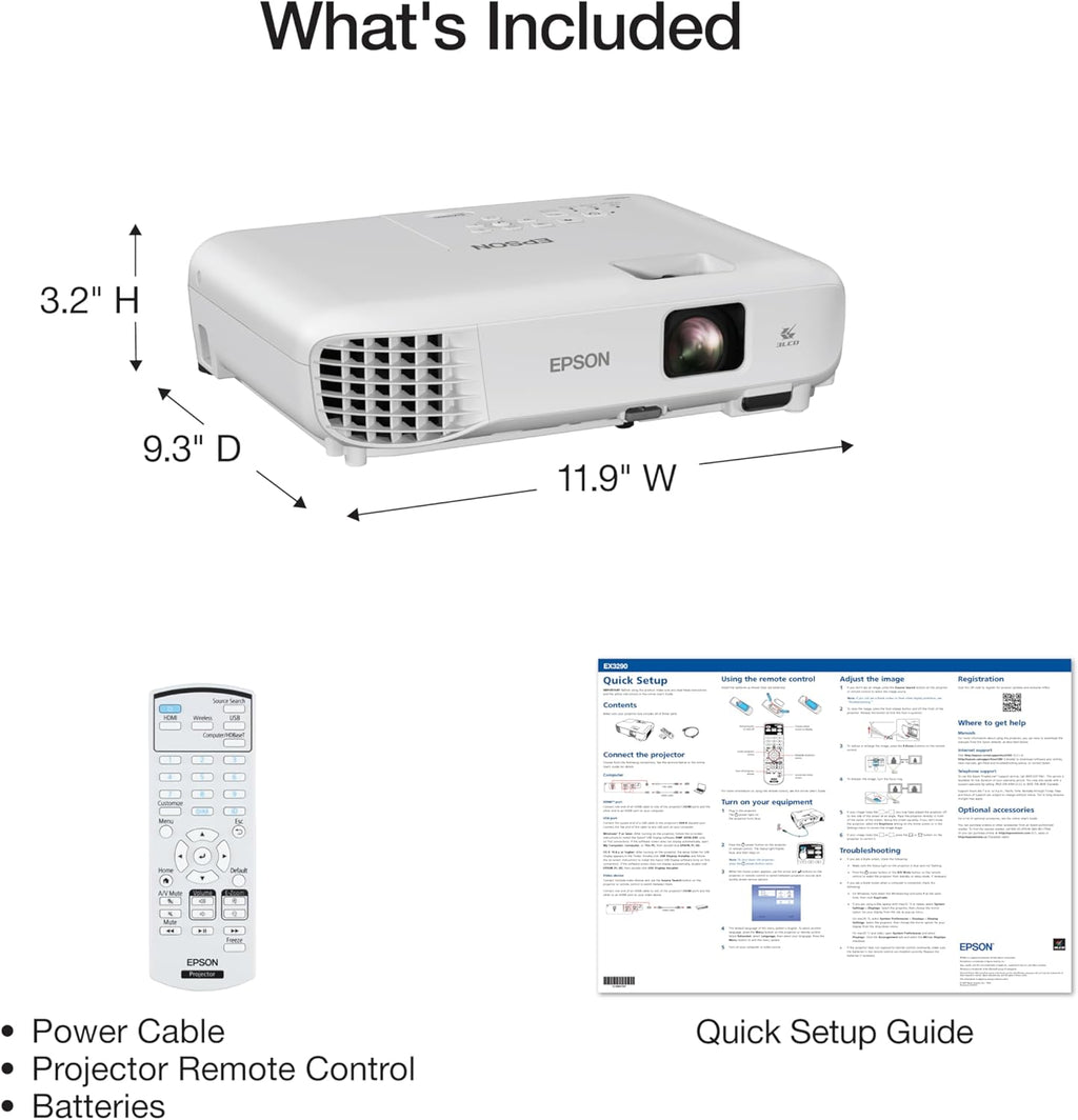 Epson EX3290 3-Chip 3LCD WXGA Projector 4000 lumens for both color and white brightness, 2x HDMI, Built-in Speaker