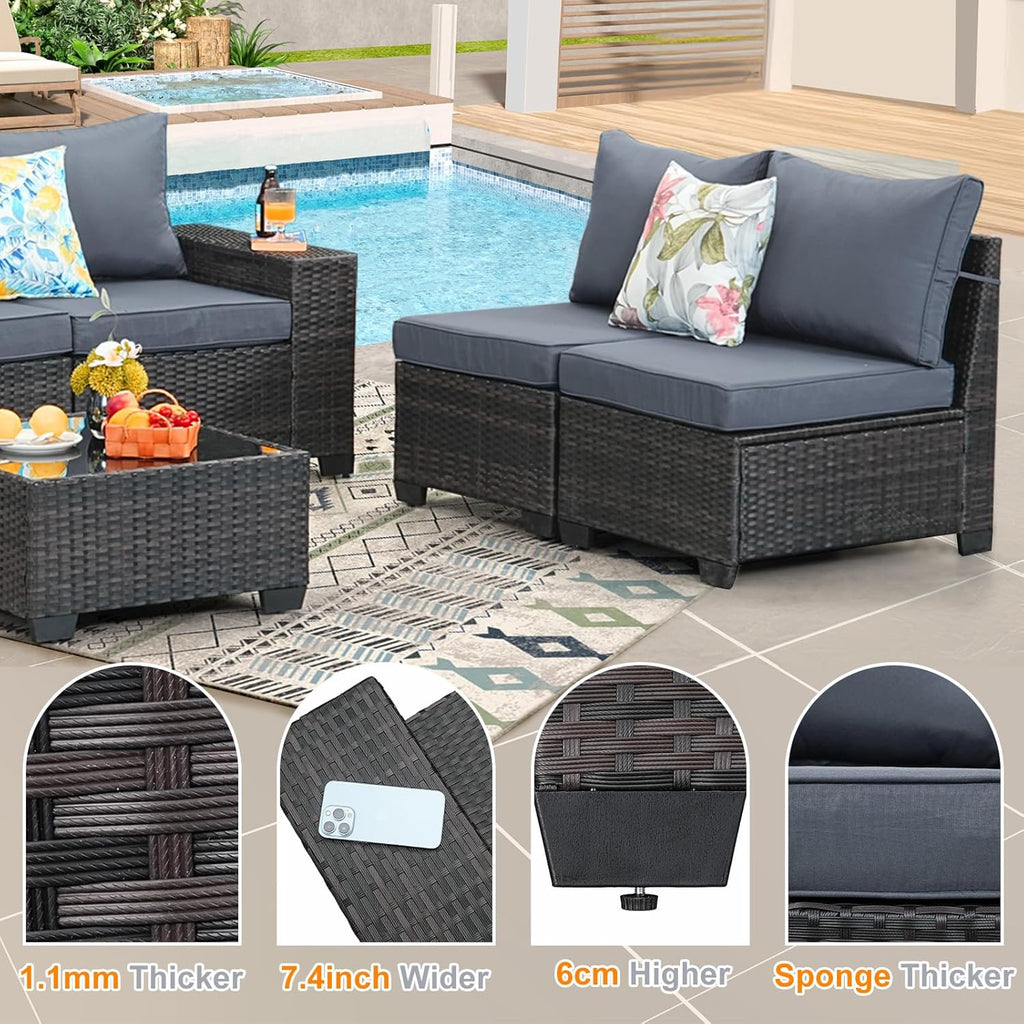 5 Pieces Patio Furniture Set,Wicker PE Rattan Outdoor Sectional with Cushion & Coffee Table, Patio Conversation Sofa for Garden, Backyard, Poolside, Grey