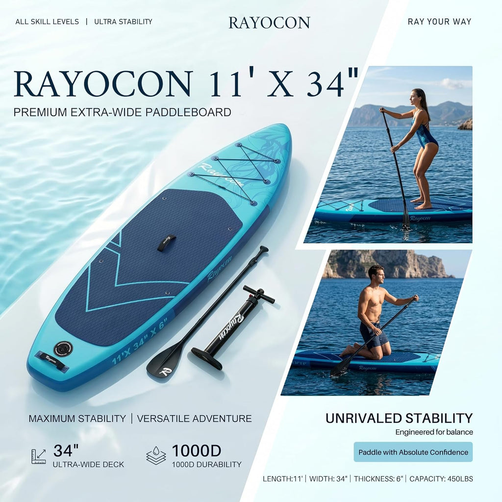 Inflatable Stand Up Paddle Board 11'×34" Extra Wide SUP, Ultra-Stable for Adults & Dog, 450lbs, Dual Chamber Pump, Fiberglass Paddle, Military Grade Dual Layer