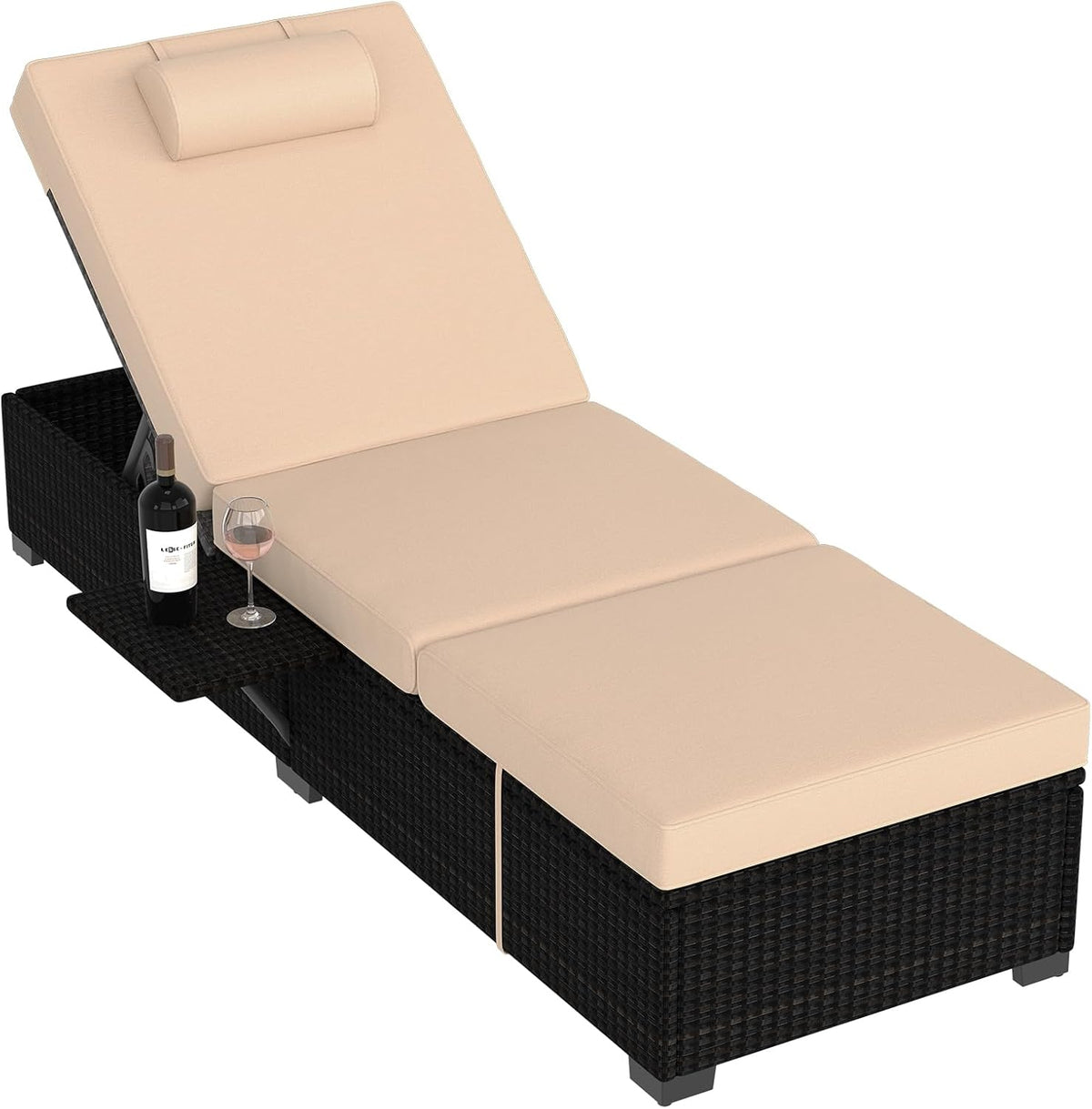 PeakPursuit Patio Lounge Chairs,Outdoor PE Wicker Chaise Lounge Set of 2,Chaise Lounge Chair Outdoor .Pool Furniture,Brown Rattan Recliners with Adjustable Backrest,Storage Table,Beige