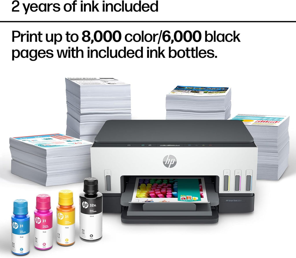 HP Smart Tank 6001 Wireless All-in-One Ink Tank Printer, Scanner, Copier with 2 Years of Ink Included, Best-for-Home, Cartridge-Free Refillable, AI-Enabled (2H0B9A)