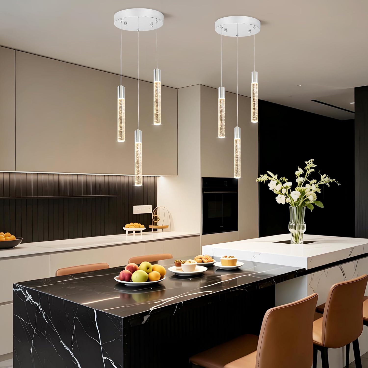 3 Light Pendant Lights Kitchen Island,Modern LED Bubble Crystal Pendants with Dimmable 3000K-6000K Ceiling Hanging Light Fixture for Dining Room Bedroom,Chrome Finish,Adjustable Height 59"