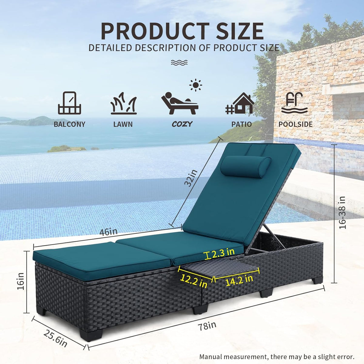 WAROOM Outdoor Chaise Lounge Chairs for Outside Patio Furniture Set of 2 Wicker Recliner Black Rattan Sunbathing Lounger Adjustable Backrest Pool Reclining Chair, Peacock Blue Cushion