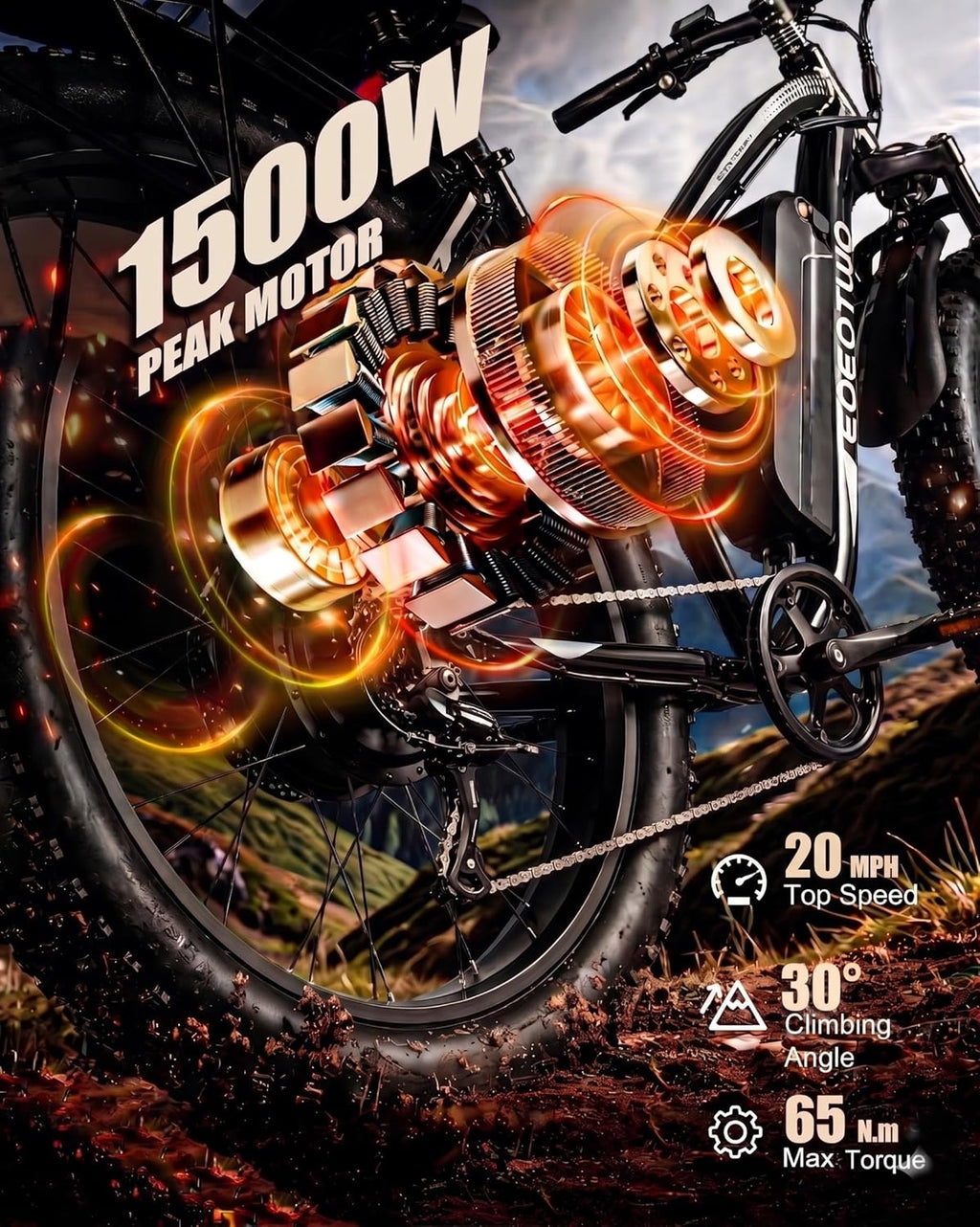 Electric Bike for Adults,1500W Peak Motor E Bikes, 26" Fat Tire Electric Bicycle, 20 MPH 60 Miles Electric Mountain Bike, Removable Battery, Dual Brake, 7 Speed