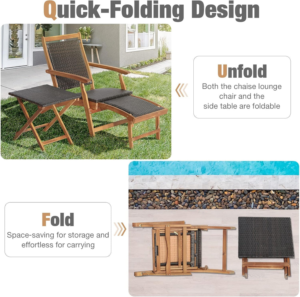 RELAX4LIFE Patio Chaise Lounge Chair Set of 3, Acacia Wood Folding Rattan Wicker Chairs w/Retractable Footrest, Side Table, 3-Piece Outdoor Patio Furniture, Fire Pit Deck Chairs Set for Porch Poolside