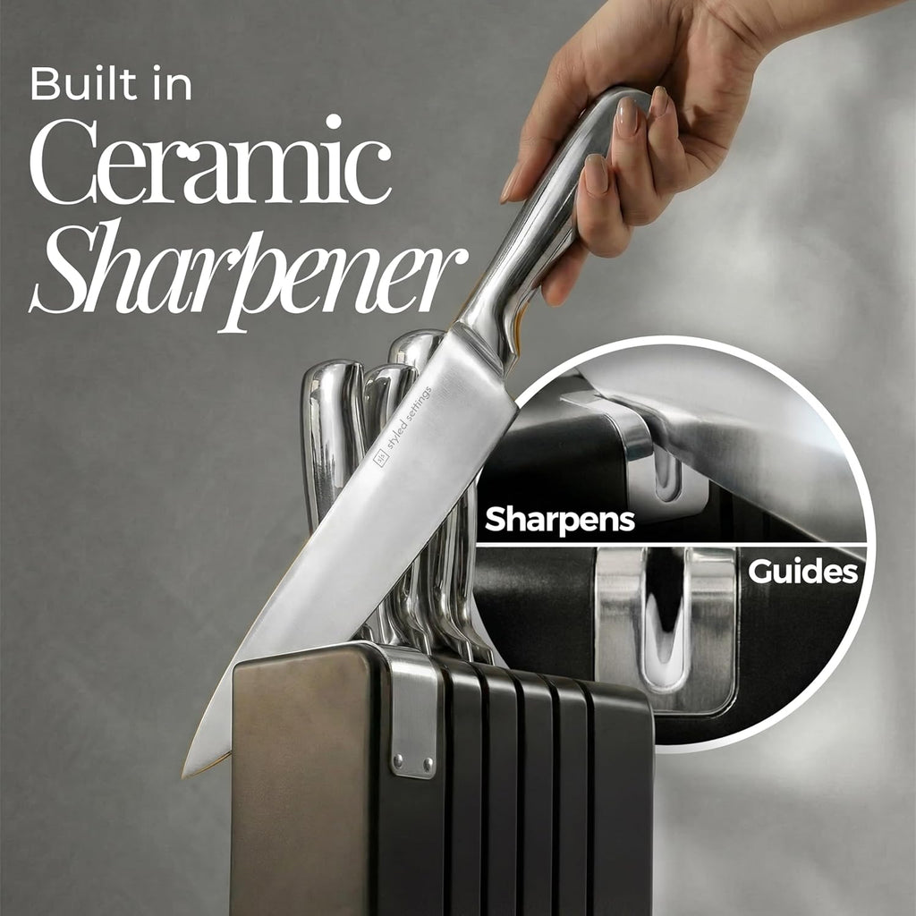 German Stainless Steel Kitchen Knife Block Set with Built-in Sharpener - 2-in-one Space Saving Magnetic Countertop and Knife Drawer Organizer with Stainless Steel Knives, Ideal Gift