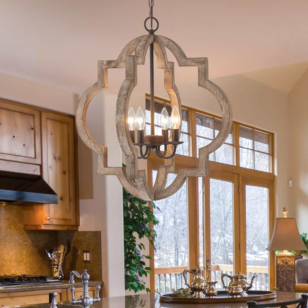 22" Oak Farmhouse Chandeliers Dining Room Light Fixture Over Table Orb Distressed Wood Pendant Light 4-Light Rustic Large Hanging Light for Foyer Entryway Kitchen Island Living Room Bedroom E12