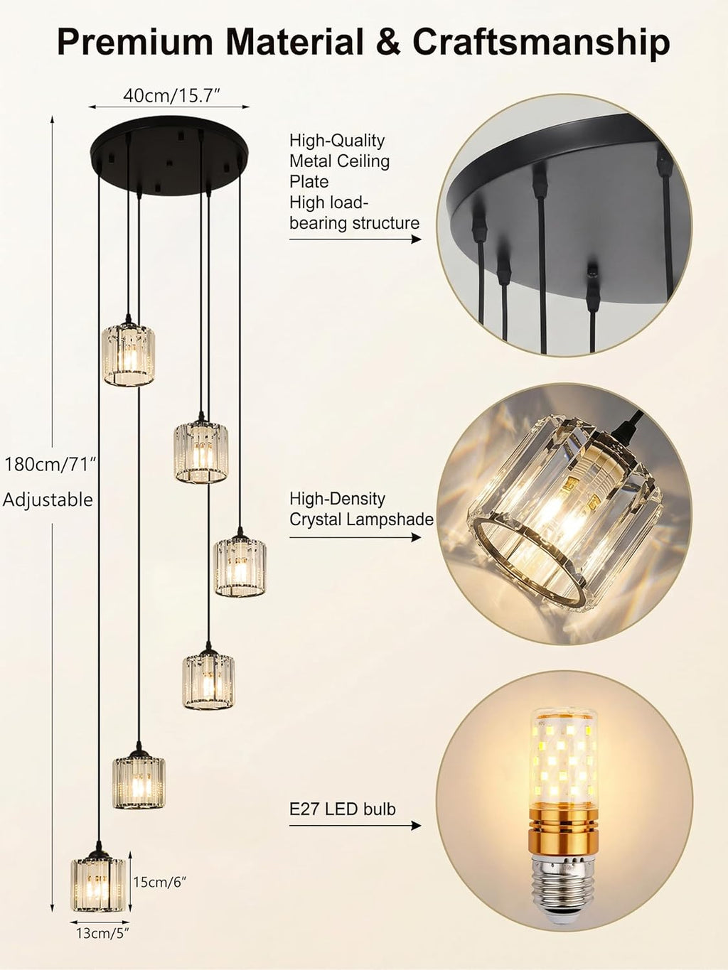 Long Chandeliers for High Ceilings,Modern Crystal Pendant Light,Raindrop Drop Lamp,Hanging Flush Mount Lighting Fixtures for Spiral Staircase,Foyer,Entryway,Living Room,Black (6 Lights)