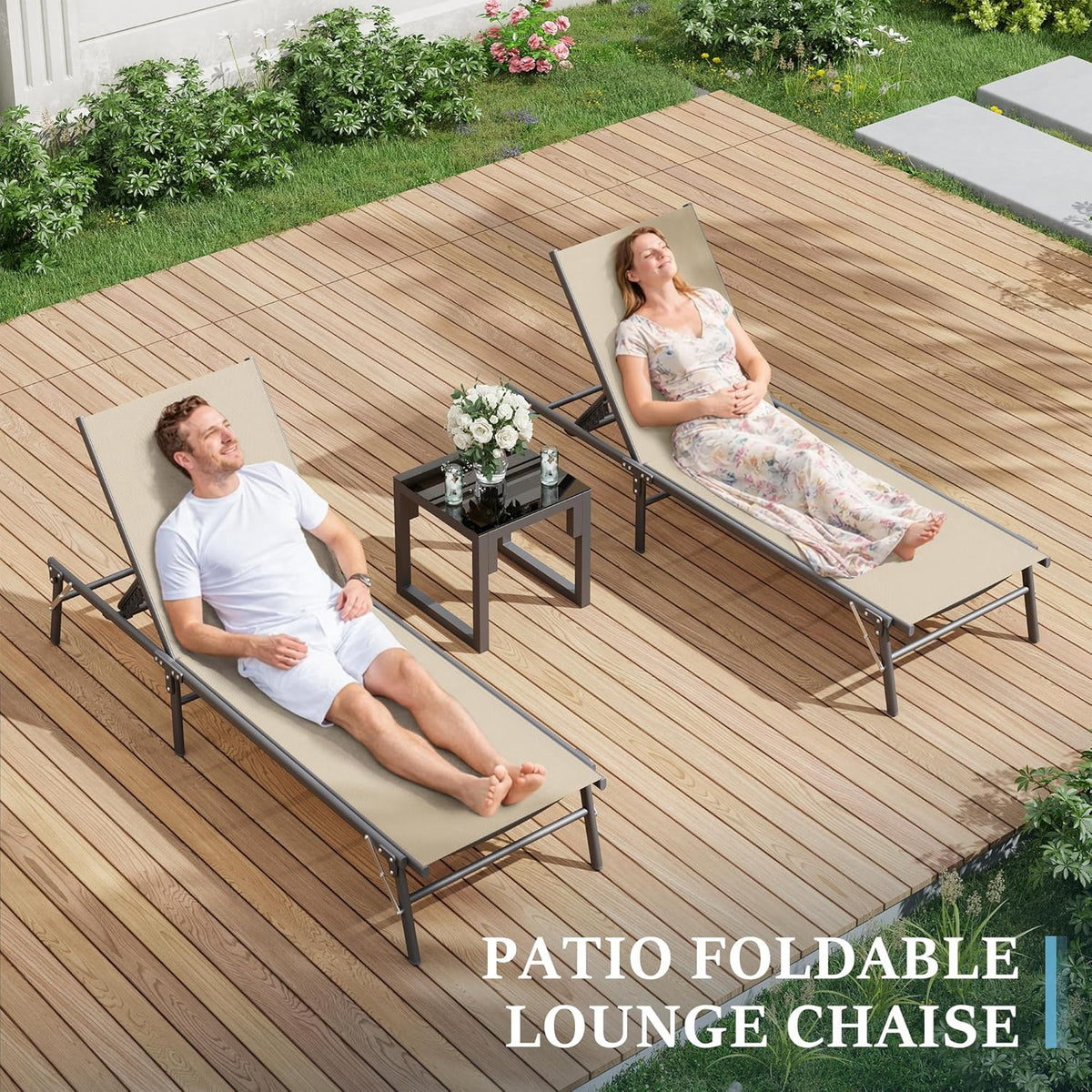 UDPATIO Foldable Patio Lounge Chair Sets with Side Table, No Assembly Outdoor Chaise Lounge with 5-Positions, Poolside Lounge Chairs with Portable Design for Pool, Beach, Deck, Backyard
