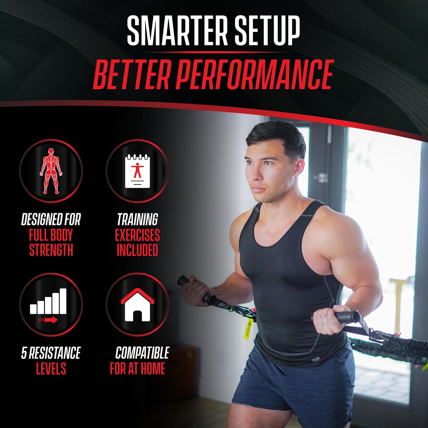 4KOR Deluxe Shoulder and Full Body Cross Anchored Resistance Cord System with Interchangeable Handles, Foot Straps, and Workout Guide. Exercise Bands with Nylon Sleeves, Anchors, and Carry Bag
