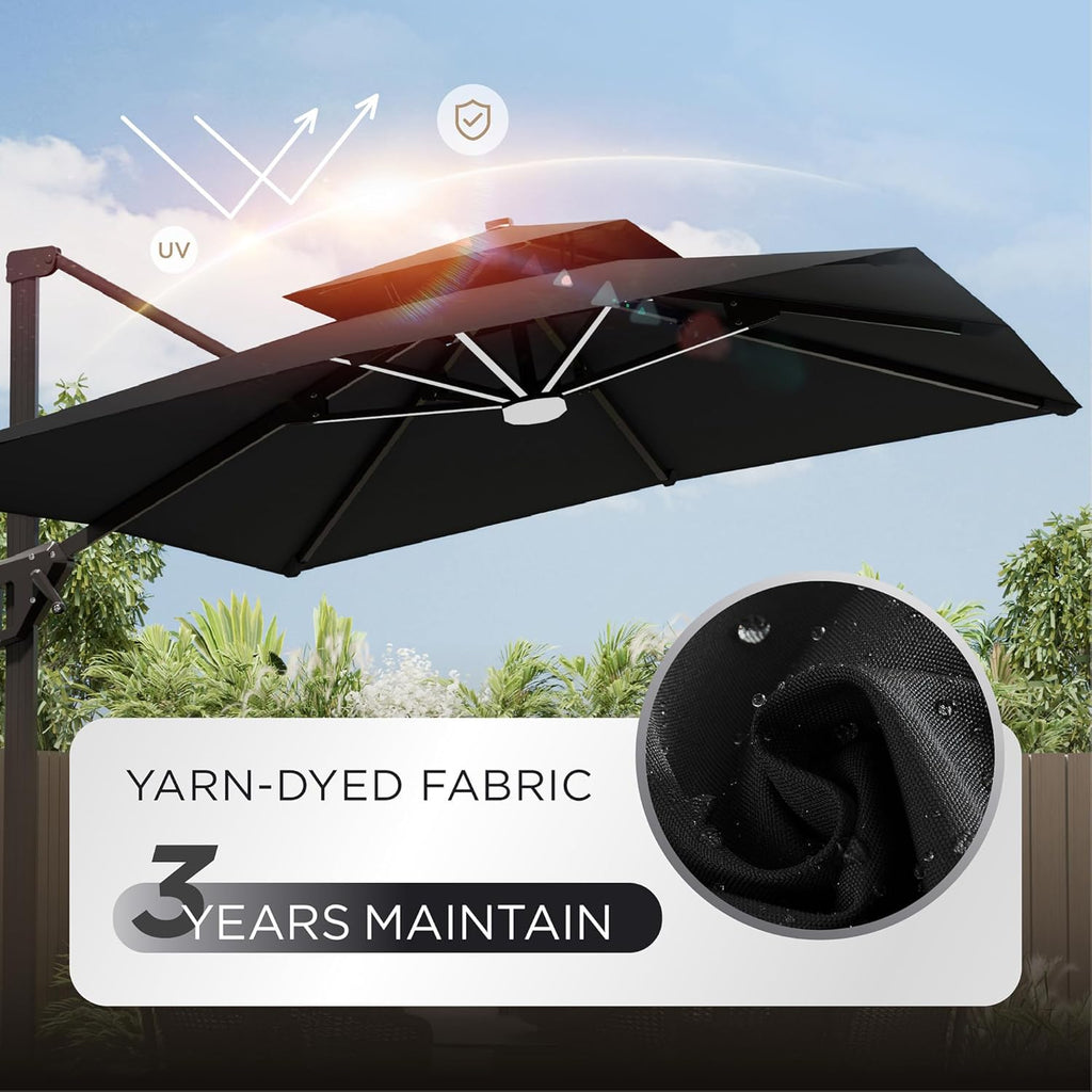 Deconk 10' X 13' Patio Umbrella with LED Lights Outdoor Cantilever Large Rectangle Offset Umbrellas Heavy Duty Aluminum Double Top with 360-degree Rotation for Pool Garden Deck, Black