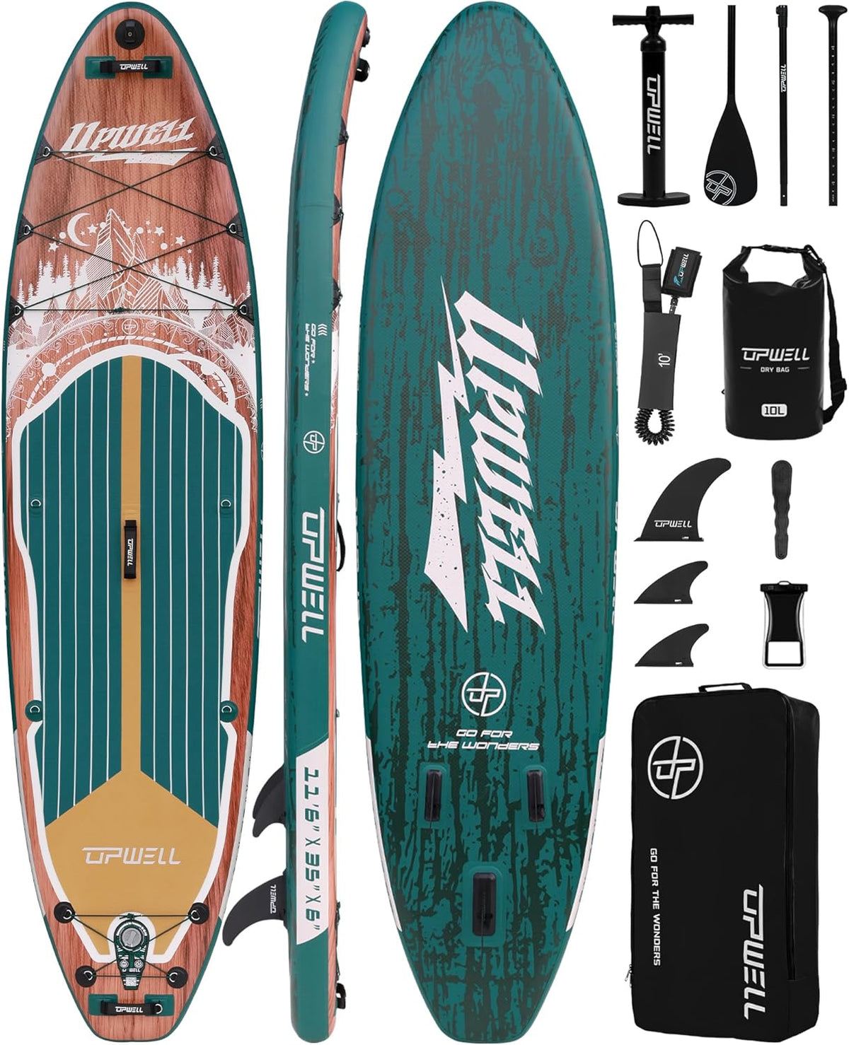 UPWELL 10'6"/11'/11'6" Inflatable Paddle Board, Stand Up Paddlboard for Youth & Adults, Stable Design, Premium SUP Accessories, Backpack, Leash, Hand Pump, Fins