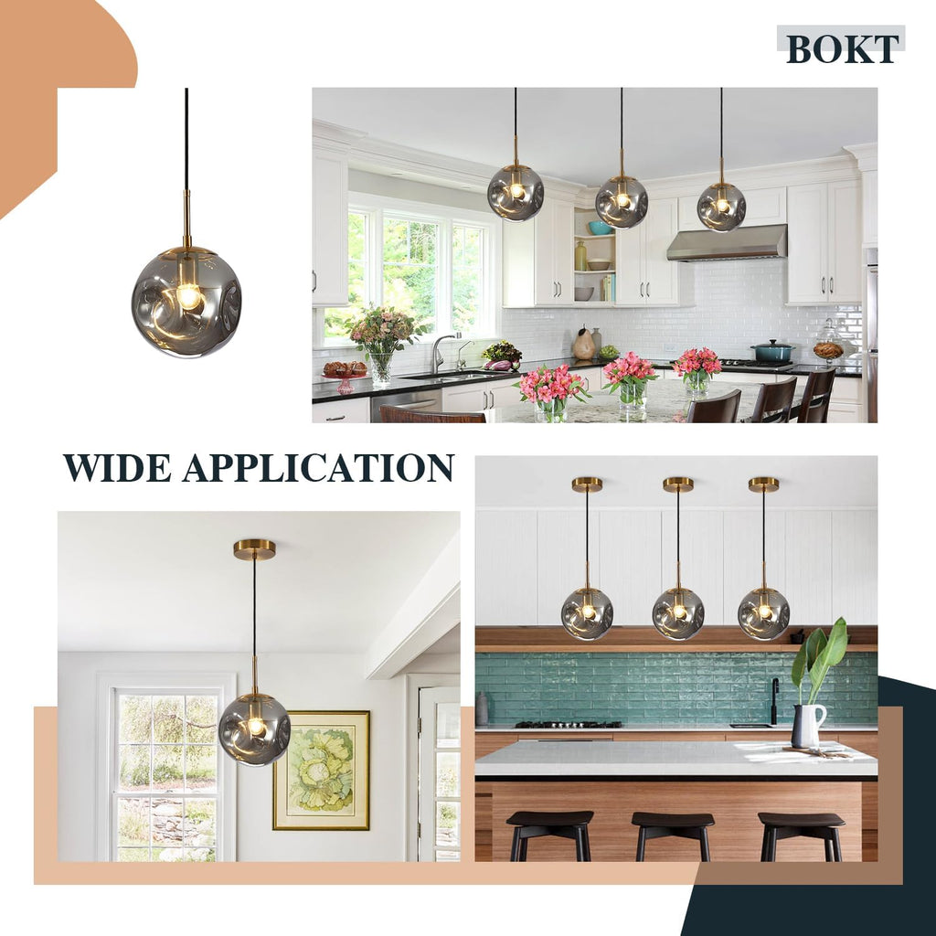 BOKT Globe Pendant Light Set of 3 Light Brushed Brass Round Ceiling Pendant Light with Smokey Gray Irregular Hanging Light 3 Pack Retro Chandelier Light Fixtures for Kitchen Island Dining Room