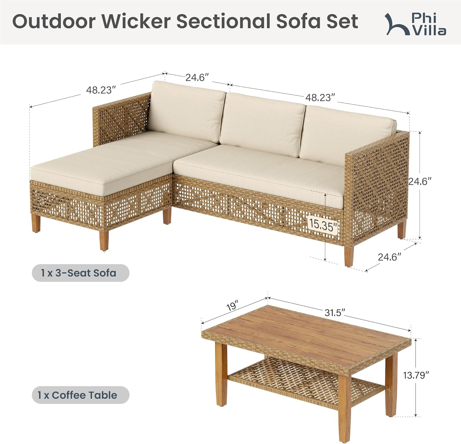 PHI VILLA Sectional Outdoor Couch, Small Patio Furniture Set with Cushions and Acacia Wood Coffee Table, L-Shaped Wicker Outdoor Sofa for Deck or Porch, 4 Seats, Beige