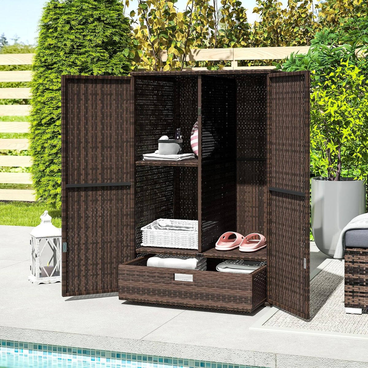 Outsunny Wicker Outdoor Storage Cabinet with Shelves, 2-Door Rattan Pool Towel Storage Cabinet with Removable Shelf & Drawer, Outdoor Towel Holder for Garden, Backyard, Porch, Mixed Brown