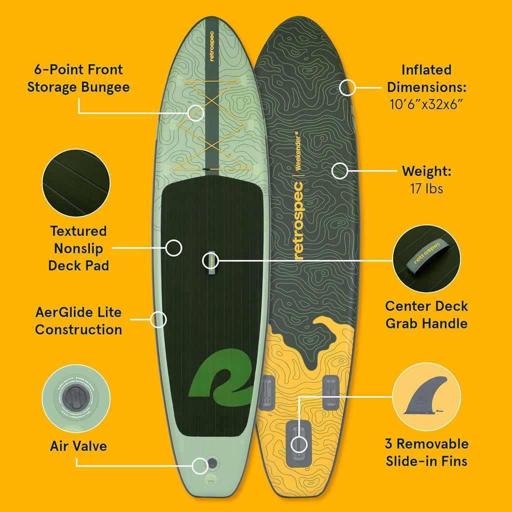 Retrospec Weekender Inflatable Stand Up Paddle Board Includes Paddle, Pump, and Accessories 10'6” Lightweight iSUP, Puncture Resistant Inflatable Paddle Board for Adults