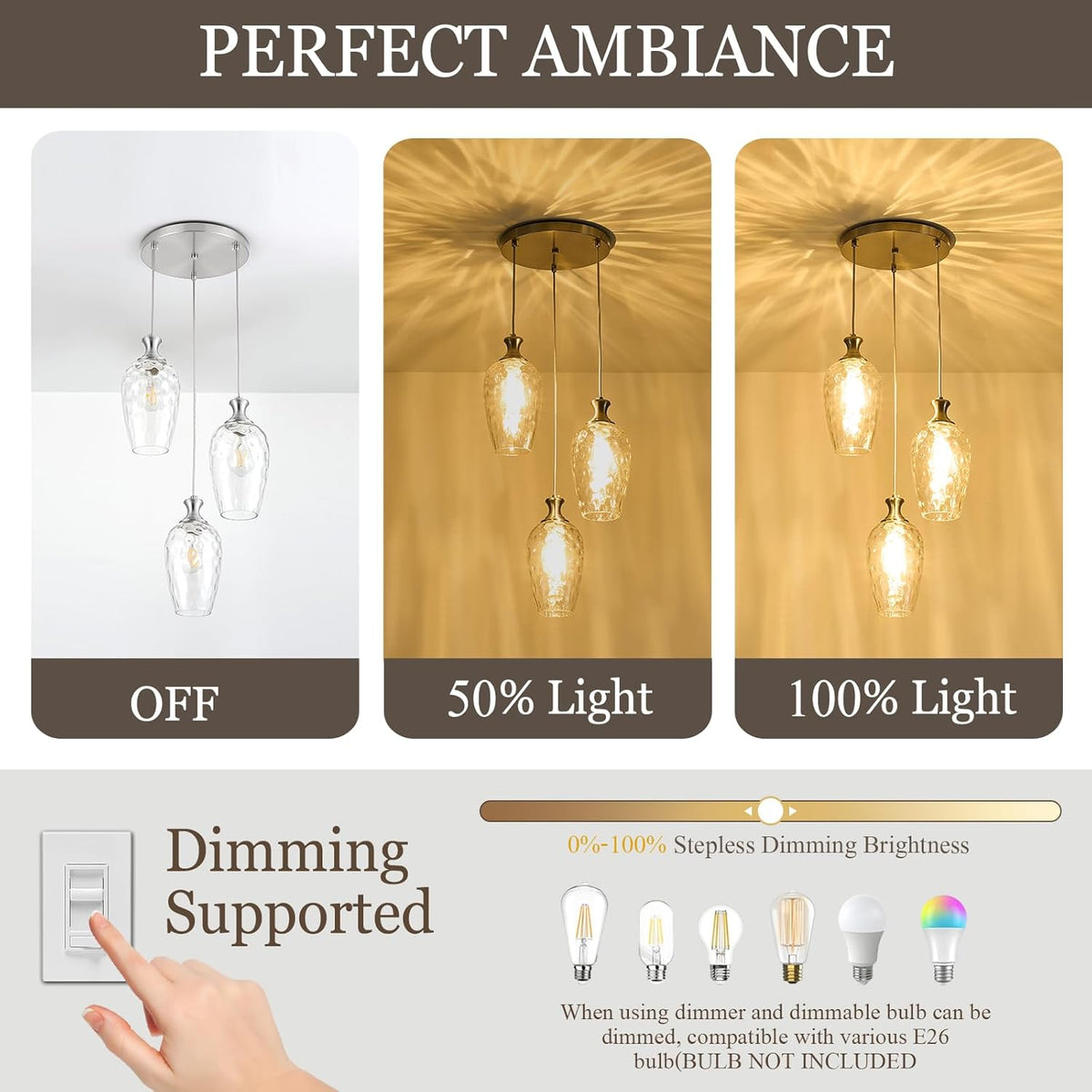 3-Light Pendant Lighting, Modern Brushed Nickel Dining Room Chandelier Light Fixture Over Table with Hammered Glass, Brass Cluster Hanging Lights for Kitchen Island Dining Room Bedroom, E26