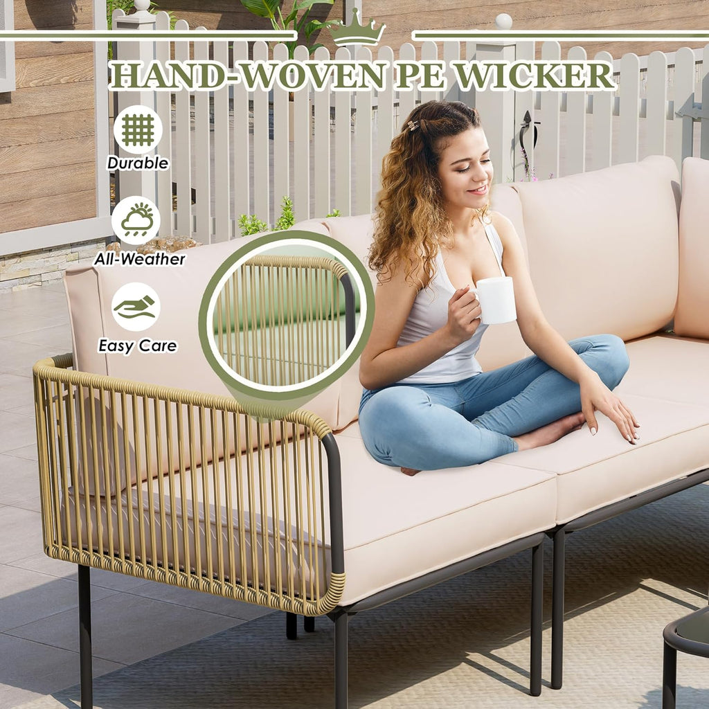 Patio Furniture Set, 5 Piece Outdoor Patio L-Shaped Conversation Set with Cushions and Table, All-Weather Rattan Woven Sectional Sofa for Backyard, Porch, Boho Detachable Lounger (Beige)