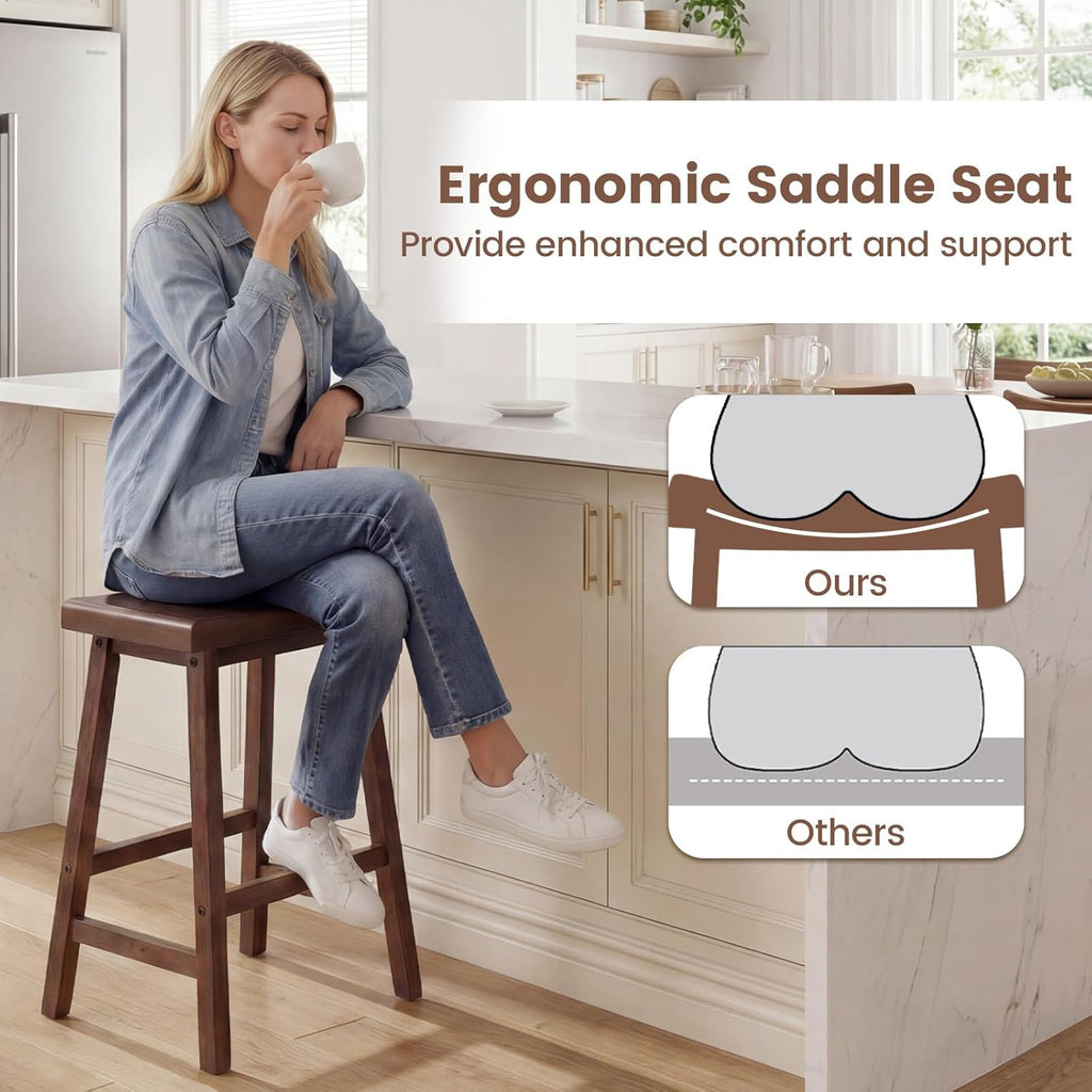 COSTWAY Solid Wood Saddle Stools Set of 4, 24-inch Height Backless Counter Chairs with Footrests, Mid-Century Modern Wooden Barstools for Kitchen Island Dining Room Pub Bistro Bar, Brown