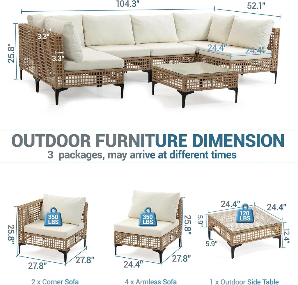7-Piece Patio Furniture Set, All Weather Wicker Outdoor Sectional Conversation Sofa w/Thick Cushions & Glass Table for Lawn Poolside Backyard Porch, Beige