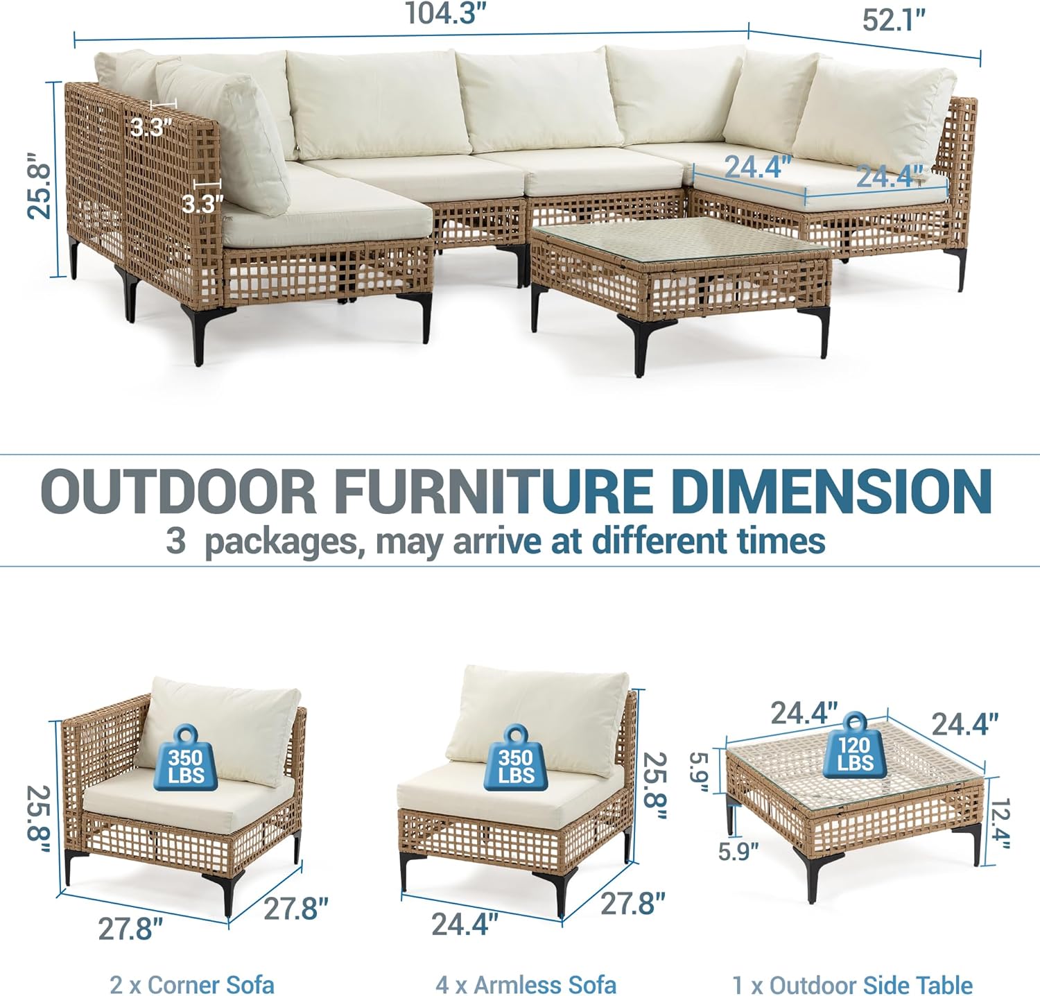 7-Piece Patio Furniture Set, All Weather Wicker Outdoor Sectional Conversation Sofa w/Thick Cushions & Glass Table for Lawn Poolside Backyard Porch, Beige